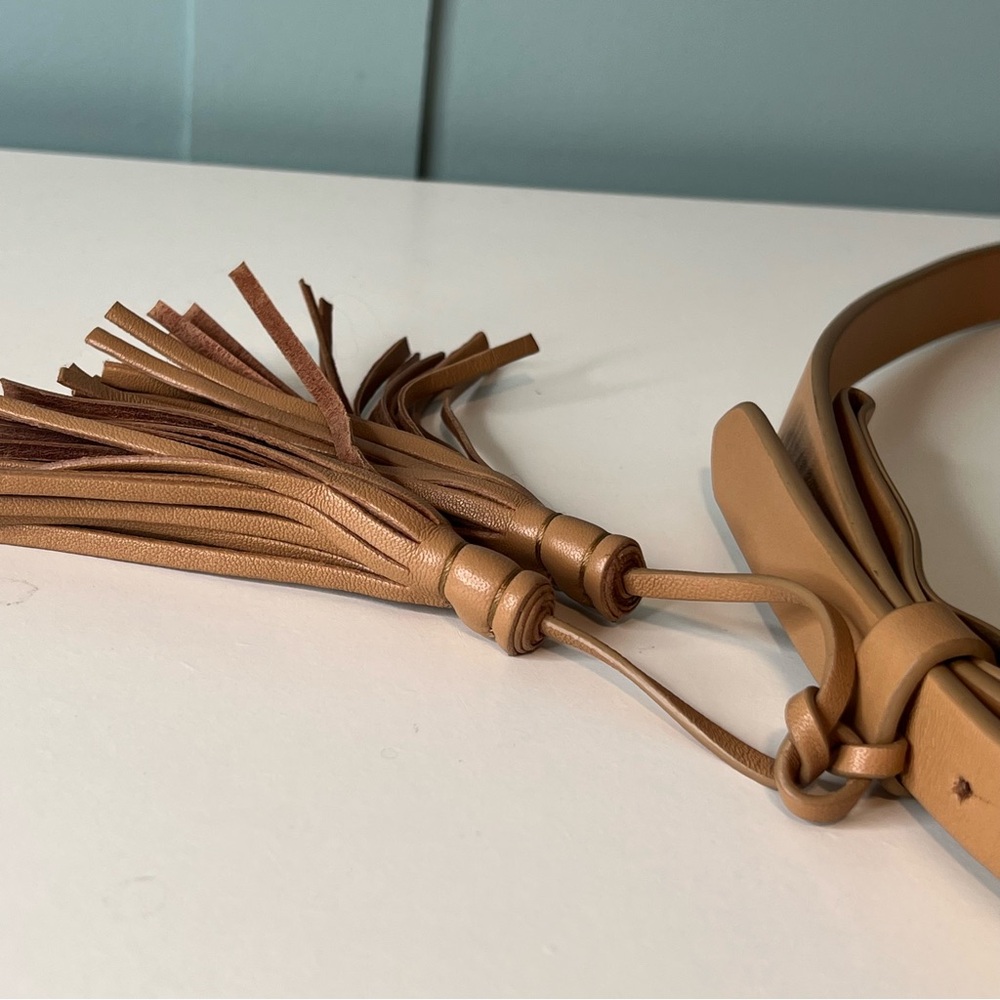 Cleobella Narrow Tan Adjustable Tassel Leather Belt. OS. - Picture 4 of 10